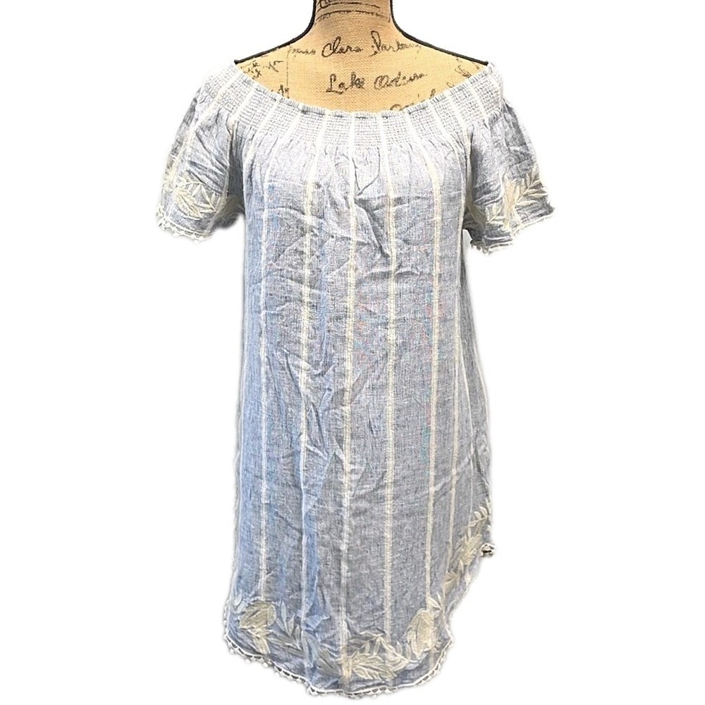 Merona‎ S M Blue White Off Shoulder Linen Blend Dress Embroidered Boho Beach